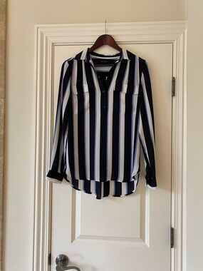 Ann Taylor Navy and White Striped Button-Up Shirt